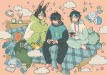  5boys ahoge ajaw_(genshin_impact) alarm_clock animal_ear_fluff animal_ear_piercing animal_ears aqua_hoodie barefoot bed black_hair black_pants blanket blue_hair blue_pants book bright_pupils bubble_tea chibi chibi_inset clock closed_eyes closed_mouth commentary_request controller crossed_bangs cup disposable_cup drawstring drinking_straw facial_mark forehead_mark fox_ears fox_tail full_body genshin_impact green_eyes green_hair green_headband green_pants grey_hair hair_between_eyes head_rest headband highres holding holding_controller hood hood_down hoodie indian_style kamisato_ayato kinich_(genshin_impact) knees_up long_sleeves looking_ahead looking_at_another looking_at_object lying male_focus multicolored_hair multiple_boys neuvillette_(genshin_impact) official_alternate_costume on_bed on_side on_stomach open_book pajamas pants parted_bangs parted_lips pillow pink_background plaid_blanket plaid_pillow puffy_long_sleeves puffy_sleeves purple_eyes raglan_sleeves reading saucer shiro_chan46 short_hair simple_background sitting sleeping sleeves_past_wrists slippers sparkle streaked_hair stuffed_animal stuffed_toy tail teacup tighnari_(genshin_impact) under_covers unworn_slippers white_hoodie white_pupils xiao_(genshin_impact) yellow_eyes 