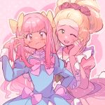  2boys ;d ash_ketchum ashley_(pokemon_bw098) blonde_hair blue_dress brown_eyes cilan_(pokemon) closed_mouth commentary_request crossdressing crossdressing_(mtf) dot_nose dress flower frilled_sleeves frills green_eyes hair_flower hair_ornament hand_up highres juliet_sleeves long_hair long_sleeves looking_at_viewer male_focus multiple_boys one_eye_closed open_mouth outline pink_background pink_dress pink_hair pokemon pokemon_(anime) pokemon_the_series:_black_&amp;_white puffy_sleeves red_flower red_rose rose serizawa_serizane short_hair smile sweatdrop trap twitter_username upper_body white_outline wide_sleeves 