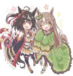  2girls ahoge akure1129 animal_ears ascot black_hair black_thighhighs blush braid breasts brown_ascot brown_eyes brown_hair chanchanko_(clothes) cleavage cleavage_cutout clothing_cutout detached_sleeves double-parted_bangs dress ear_ornament frills green_dress hair_between_eyes hair_ornament half_up_braid horse_ears horse_girl horse_tail kitasan_black_(gilded_shrine_to_glory)_(umamusume) kitasan_black_(umamusume) kouhaku_nawa long_hair long_sleeves looking_at_viewer multicolored_hair multiple_girls one_eye_closed open_mouth red_eyes rope satono_diamond_(natural_brilliance)_(umamusume) satono_diamond_(umamusume) shimenawa short_hair sleeves_past_fingers sleeves_past_wrists smile star_(symbol) streaked_hair tail thighhighs umamusume v very_long_hair white_hair 