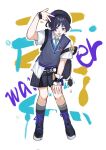  070203wjx 1boy :p aqua_necktie aqua_trim arm_at_side bag beret black_bag black_boots black_hat black_shorts black_sweater_vest blunt_ends boots bright_pupils character_name collared_shirt contemporary eyeliner feathers fingernails full_body genshin_impact grey_socks gyaru_w hand_on_own_thigh hand_up hat highres kneehighs lace-up_boots looking_at_viewer makeup male_focus necktie official_alternate_costume open_collar pom_pom_(clothes) purple_eyes purple_trim red_eyeliner scaramouche_(genshin_impact) school_uniform shirt short_sleeves shorts shoulder_bag socks solo standing sweater_vest tongue tongue_out tsurime undershirt w wanderer_(genshin_impact) wanderer_(mega_mgc_coffee)_(genshin_impact) white_background white_pupils white_shirt white_sleeves wispy_bangs yellow_feathers 