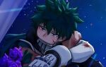  1boy bangs blush bodysuit boku_no_hero_academia freckles gloves green_bodysuit green_eyes green_hair looking_at_viewer lowres male_focus midoriya_izuku seoltang_(nitro_sugar) shirt short_hair tears white_gloves 