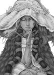  1girl closed_mouth cracked_skin doll_joints dress elden_ring extra_arms fur_cloak greyscale hat joints long_hair looking_at_viewer monochrome odomk ranni_the_witch simple_background solo white_background witch_hat 