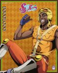  1boy absurdres anime_coloring araki_hirohiko_(style) argyle_background aviator_cap belt black_hair blue_gloves boots character_name copyright_name dark-skinned_male dark_skin english_commentary facial_hair fingerless_gloves genda_art gloves grin hat highres jojo_no_kimyou_na_bouken lips logo male_focus mustache official_style orange_pants orange_shirt pants pocoloco pointing pointing_at_self shirt sitting smile solo spurs steel_ball_run suspenders teeth toned toned_male white_boots yellow_belt yellow_hat 