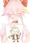  1girl baseball_bat blue_archive bow caelus_(honkai:_star_rail) closed_eyes closed_mouth coat commentary doodle_sensei_(blue_archive) drawing_(object) english_text evanescia_(honkai:_star_rail) go_tobuy grey_hair hair_intakes highres holding holding_baseball_bat holding_drawing honkai:_star_rail honkai_(series) open_clothes open_coat paint_splatter paint_splatter_on_face pink_hair red_bow sensei_(blue_archive) simple_background smile solo trailblazer_(honkai:_star_rail) untranslatable_commentary upper_body white_background 