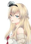  1girl absurdres blonde_hair blue_eyes braid breasts crown dress flower half_up_braid highres kantai_collection lips long_hair matsuura@parao medium_breasts mini_crown off-shoulder_dress off_shoulder one-hour_drawing_challenge red_flower red_rose rose simple_background solo upper_body warspite_(kancolle) white_background 