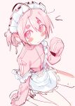  1girl ahoge apron blush blush_stickers closed_mouth eds frilled_apron frills from_above hair_between_eyes hair_ribbon hand_up happy_(eds) highres jacket jersey_maid long_sleeves looking_at_viewer maid maid_apron maid_headdress original pink_background pink_eyes pink_hair pink_jacket pink_shoes pink_track_suit ponytail ribbon ringed_eyes shoes short_eyebrows short_hair short_ponytail simple_background sitting sleeves_past_fingers sleeves_past_wrists sneakers solo strap_slip sweatdrop thick_eyebrows thighs track_jacket track_suit unconventional_maid wariza white_apron 