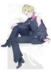  1boy bare_shoulders black_jacket black_pants black_shoes black_tank_top cilan_(pokemon) closed_mouth commentary_request full_body green_eyes green_hair highres jacket jewelry long_sleeves looking_at_viewer male_focus necklace off_shoulder open_clothes open_jacket pants pokemon pokemon_bw serizawa_serizane shoes short_hair simple_background sitting solo tank_top twitter_username white_background 