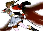  1girl belt black_boots boots brown_hair closed_mouth commentary daiba_nana dual_wielding dutch_angle fur-trimmed_jacket fur_trim green_eyes grey_skirt gwonminchang_(pedestrianium) highres holding holding_sword holding_weapon jacket jacket_on_shoulders katana knee_boots long_sleeves looking_at_viewer over_shoulder red_jacket red_sash sash short_hair shoujo_kageki_revue_starlight skirt solo standing sword sword_over_shoulder twintails untranslatable_commentary upper_body weapon weapon_over_shoulder white_jacket yellow_belt 