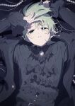  1boy arms_up black_background black_jacket black_shirt brooch cilan_(pokemon) commentary_request green_eyes green_hair highres jacket jewelry long_sleeves looking_at_viewer lying male_focus on_back open_clothes open_jacket parted_lips pokemon pokemon_bw serizawa_serizane shirt short_hair solo twitter_username upper_body 