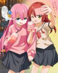 2girls absurdres black_skirt blue_eyes bocchi_the_rock! bow cellphone chinosuke_(cs4126) commentary_request cube_hair_ornament feet_out_of_frame gotoh_hitori green_eyes hair_ornament highres holding holding_phone indoors jacket kita_ikuyo long_hair multiple_girls one_eye_closed open_mouth phone pink_hair pink_jacket red_bow red_hair school_uniform selfie shuka_high_school_uniform skirt standing 