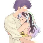  1boy 1girl animal_print arms_around_back bare_arms bare_shoulders bikini blush closed_eyes closed_mouth commentary couple hetero highres horns hug long_hair lum midriff miyuki_(hoshikuzumiyuki) moroboshi_ataru multicolored_hair pointy_ears print_bikini purple_hair rainbow_hair shirt short_hair sidelocks smile swimsuit tiger_print untranslatable_commentary upper_body urusei_yatsura white_background white_shirt 