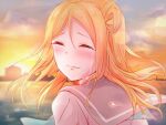  1girl aqua_neckerchief blonde_hair blush braid closed_eyes commentary_request crown_braid crying evening grey_sailor_collar hair_rings looking_back love_live! love_live!_sunshine!! neckerchief ohara_mari orange_sky outdoors pipette1223 sad_smile sailor_collar school_uniform shirt sky smile solo sunset tears uranohoshi_school_uniform water white_shirt 