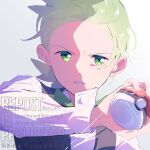  1boy black_vest bow bowtie cilan_(pokemon) commentary_request green_bow green_bowtie green_eyes green_hair highres holding holding_poke_ball long_sleeves looking_at_viewer male_focus parted_lips poke_ball poke_ball_(basic) pokemon pokemon_bw portrait serizawa_serizane shirt short_hair simple_background solo vest watermark white_background white_shirt 