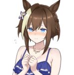  1girl animal_ears armpit_crease bikini blue_bikini blue_eyes blush braid breasts brown_hair cheval_grand_(summer_calm_navy_drop)_(umamusume) cheval_grand_(umamusume) cleavage closed_mouth commentary_request flying_sweatdrops hair_between_eyes half_up_braid hands_up heart heart_necklace horse_ears horse_girl jewelry large_breasts multicolored_hair nanasedayoxd necklace official_alternate_costume official_alternate_hairstyle short_hair short_hair_with_long_locks sidelocks simple_background solo streaked_hair swimsuit umamusume upper_body white_background white_streaks 
