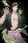  1boy abs arm_out_of_sleeve black_background black_hair clenched_hand cowboy_shot extra green_eyes green_theme grin hakama hand_up highres japanese_clothes katana kimetsu_no_yaiba kimono light_particles long_sleeves looking_at_viewer male_focus oyumai sash scar scar_on_cheek scar_on_chest scar_on_face scar_on_forehead scar_on_stomach simple_background smile solo sword torn_clothes visible_air weapon wide_sleeves 