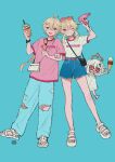  1boy 2girls aether_(genshin_impact) ahoge alternate_costume alternate_hairstyle ankle_bow arm_up bag bare_legs belt belt_buckle black-framed_eyewear black_bag blonde_hair blue_background blue_pants blue_shorts bow bracelet braid braided_ponytail bright_pupils brother_and_sister buckle clothes_writing commentary_request contemporary crossbody_bag cup disposable_cup dress drinking_straw eyewear_hang eyewear_on_head food full_body genshin_impact grey_nails grin hair_ornament hairclip halo hand_on_another's_arm hand_up heart heart-shaped_eyewear high-waist_shorts highres holding holding_cup holding_ice_cream_cone holding_water_gun ice_cream ice_cream_cone jewelry long_hair looking_at_viewer lumine_(genshin_impact) mechanical_halo multiple_girls multiple_scoops nail_polish one_eye_closed open_mouth paimon_(genshin_impact) pants pink-tinted_eyewear pink_belt pink_shirt ring sandals shiro_chan46 shirt short_hair_with_long_locks short_sleeves short_twintails shorts siblings side-by-side simple_background sleeveless sleeveless_dress smile standing star_(symbol) star_hair_ornament sunglasses t-shirt teeth tinted_eyewear toenail_polish toenails torn_clothes torn_pants twins twintails unworn_eyewear upper_teeth_only watch water_gun white-framed_eyewear white_bag white_bow white_dress white_hair white_pupils white_sandals white_shirt wristwatch yellow_eyes 
