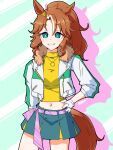  1girl animal_ears bangs belt bright_pupils brown_hair cowboy_shot cropped_jacket desuchi fur-trimmed_jacket fur_trim green_background green_eyes green_skirt grin hand_on_hip highres horse_ears horse_girl horse_tail jacket jewelry long_hair looking_at_viewer mejiro_palmer_(umamusume) midriff miniskirt multicolored_hair navel necklace open_clothes open_jacket parted_bangs ponytail shirt skirt smile solo streaked_hair tail teeth turtleneck two-tone_background umamusume white_background white_jacket white_pupils yellow_shirt 
