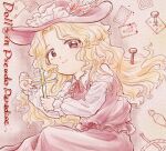  1girl ace_(playing_card) ace_of_spades black_eyes blonde_hair blood blood_on_ground blood_splatter busujima_tetoro card clenched_hands collar commentary_request cross curtain_grab curtains dolls_in_pseudo_paradise eight_of_hearts english_text frilled_hat frilled_sleeves frilled_vest frills halftone hat hat_feather holding holding_cross holding_rosary jacket_girl_(dipp) joker_(playing_card) light_blush long_hair long_sleeves lying nail_(hardware) neck_ribbon on_floor on_side parted_bangs playing_card red_hat red_ribbon red_skirt red_vest ribbon rope skirt smile solo spade_(shape) touhou vest wavy_hair white_collar white_sleeves 