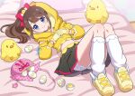 1girl absurdres bag black_shirt black_skirt blue_eyes blush bow breasts brown_hair choker closed_mouth cropped_hoodie easter_egg egg egg_hair_ornament food-themed_hair_ornament gloves hair_bow hair_ornament highres hood hood_down hoodie indie_virtual_youtuber jacket long_hair long_sleeves looking_at_viewer lying midriff on_back on_bed panties partially_fingerless_gloves pink_bag piyolily pokemoa ponytail shirt shoes skirt smile socks stuffed_animal stuffed_chicken stuffed_toy teeth underwear upper_teeth_only virtual_youtuber white_panties white_socks yellow_choker yellow_gloves yellow_hoodie yellow_jacket yellow_shoes 