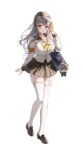  1girl absurdres armband bag bandaid bandaid_on_leg black_skirt bow bowtie commander_(nikke) commentary floating_hair full_body garter_straps goddess_of_victory:_nikke grey_hair hair_ornament hairclip hand_up highres long_hair long_sleeves looking_at_viewer mella_(mell_a12) modernia_(nikke) parallel_hairclips parted_lips red_eyes sailor_collar school_bag school_uniform shirt simple_background single_garter_strap skirt solo standing thighhighs white_background white_garter_straps white_shirt white_thighhighs yellow_armband yellow_bow yellow_bowtie zettai_ryouiki 