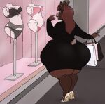  2022 anthro big_butt bra breasts brown_body brown_fur brown_hair butt cervid clothing dress ear_piercing female fur galacticgoodie hair high_heels huge_butt mammal panties piercing shopping shopping_bag short_tail solo standing thick_thighs underwear wide_hips 