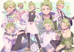  1boy :d :o ^_^ absurdres apron ascot belt black_apron black_belt black_gloves black_pants black_shirt black_socks black_vest blurry blurry_foreground blush border bow bowtie breast_pocket brown_shoes buttons chest_harness chibi cilan_(pokemon) closed_eyes closed_mouth collarbone collared_shirt commentary_request cowboy_shot cropped_legs cup foot_out_of_frame frilled_sleeves frills fur-trimmed_hood fur_trim gloves green_ascot green_background green_bow green_bowtie green_eyes green_hair green_jacket green_scarf grid_background hand_on_own_hip hand_up harness highres holding holding_cup holding_tray hood hood_down hooded_jacket index_finger_raised jacket knee_up long_sleeves looking_at_viewer male_focus mug multiple_views open_clothes open_jacket open_mouth outline outside_border outstretched_arm pants plaid_clothes plaid_scarf pocket pokemon pokemon_bw ribbed_sweater scarf serizawa_serizane shirt shoes short_hair short_sleeves sitting smile sneakers socks speech_bubble standing striped_bow striped_bowtie striped_clothes sweatdrop sweater teeth thought_bubble translation_request tray turtleneck turtleneck_sweater twitter_username upper_teeth_only vest waist_apron white_apron white_border white_gloves white_jacket white_outline white_pants white_shirt white_shoes yellow_sweater 
