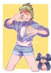  1boy 1girl :d \||/ black_hair blue_jacket blue_shorts border chibi cilan_(pokemon) closed_mouth commentary_request cropped_jacket cropped_legs green_eyes green_hair hands_up headband iris_(pokemon) jacket long_hair long_sleeves looking_at_viewer open_mouth outside_border pokemon pokemon_bw red_eyes red_headband serizawa_serizane shirt short_hair short_shorts shorts simple_background smile standing twitter_username two_side_up white_border white_shirt yellow_background 