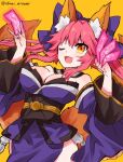  1girl :d animal_ear_fluff animal_ears artist_name bangs blue_bow blue_kimono bow breasts cleavage commentary detached_collar detached_sleeves eyebrows_visible_through_hair eyelashes fang fate/extra fate/grand_order fate_(series) fox_ears fox_girl fox_tail glowing hair_between_eyes hair_bow holding holding_paper izumi_minami japanese_clothes kimono kitsune large_breasts long_hair long_sleeves looking_at_viewer multiple_tails obi one_eye_closed open_mouth paper pink_hair pink_nails sash sidelocks skin_fang smile solo sparkling_eyes split_ponytail tail talisman tamamo_(fate) tamamo_no_mae_(fate/extra) tongue twitter_username wide_sleeves yellow_background yellow_eyes 