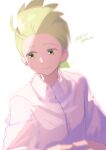  1boy blurry blurry_foreground cilan_(pokemon) closed_mouth collared_shirt commentary_request green_eyes green_hair long_sleeves male_focus pokemon pokemon_bw serizawa_serizane shirt short_hair simple_background smile solo twitter_username upper_body white_background white_shirt 