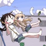  >_< 2girls ahoge aircraft airplane alternate_costume animal_print barefoot black_hair blonde_hair blue_eyes blue_shorts blue_sky blush_stickers building chito_(shoujo_shuumatsu_ryokou) closed_eyes cloud cloudy_sky contemporary day eli_(chibitoad) fish_print flip-flops floating highres jaggy_lines long_hair low_twintails midair multiple_girls nuko_(shoujo_shuumatsu_ryokou) on_swing open_mouth outdoors sandals shirt short_sleeves shorts shoujo_shuumatsu_ryokou single_sandal sky smile striped_clothes striped_shirt swing swinging_on_swing t-shirt twintails unworn_sandals wavy_mouth white_shirt yuuri_(shoujo_shuumatsu_ryokou) 
