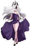  1girl absurdres black_choker black_hair black_shoes blue_archive choker collarbone commentary_request crossed_legs demon_horns dress floating_hair full_body grey_hair hair_between_eyes high_heels highres holding_own_dress horns kayoko_(blue_archive) long_hair looking_down mopi_(oooo5412) multicolored_hair purple_dress purple_wings red_eyes shoes sidelocks single_wing smile solo standing strapless strapless_dress two-tone_hair veil watson_cross white_veil wings 