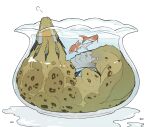  commentary_request fish fishbowl goldfish in_bowl in_container monster monster_hunter_(series) no_humans partially_submerged puff_of_air royal_ludroth simple_background solo spikes spill taneimo_drop water white_background 