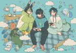  5boys ahoge ajaw_(genshin_impact) alarm_clock animal_ear_fluff animal_ear_piercing animal_ears aqua_hoodie barefoot bed black_hair black_pants blanket blue_background blue_hair blue_pants book bright_pupils bubble_tea chibi chibi_inset clock closed_eyes closed_mouth commentary_request controller crossed_bangs cup disposable_cup drawstring drinking_straw facial_mark forehead_mark fox_ears fox_tail full_body genshin_impact green_eyes green_hair green_headband green_pants grey_hair hair_between_eyes head_rest headband highres holding holding_controller hood hood_down hoodie indian_style kamisato_ayato kinich_(genshin_impact) knees_up long_sleeves looking_ahead looking_at_another looking_at_object lying male_focus multicolored_hair multiple_boys neuvillette_(genshin_impact) official_alternate_costume on_bed on_side on_stomach open_book pajamas pants parted_bangs parted_lips pillow plaid_blanket plaid_pillow puffy_long_sleeves puffy_sleeves purple_eyes raglan_sleeves reading saucer shiro_chan46 short_hair simple_background sitting sleeping sleeves_past_wrists slippers sparkle streaked_hair stuffed_animal stuffed_toy tail teacup tighnari_(genshin_impact) under_covers unworn_slippers white_hoodie white_pupils xiao_(genshin_impact) yellow_eyes 