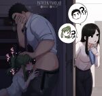  1boy 2girls ? ?? absurdres blush commentary fellatio green_hair hetero highres igarashi_futaba long_sidelocks multiple_girls oral panqlao ponytail senpai_ga_uzai_kouhai_no_hanashi shirt sidelocks size_difference stealth_fellatio stealth_sex sweat takeda_harumi uncensored untranslatable_commentary white_shirt 