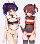  2girls ;) antenna_hair arm_at_side bandeau bangs bare_arms black_legwear black_panties black_ribbon blush breast_cutout breasts brown_hair china_dress chinese_clothes cleavage closed_mouth clothes_lift clothing_cutout commentary_request commission cowboy_shot dress etou_kanami etou_minato eyebrows_visible_through_hair gradient gradient_background grey_background grin groin hair_between_eyes hair_ribbon hand_up highres lifted_by_self light_blush looking_at_viewer looking_away medium_breasts minutachi mother_and_daughter multiple_girls navel nose_blush one_eye_closed one_side_up panties pelvic_curtain pelvic_curtain_lift ponytail purple_background purple_hair ribbon see-through_dress short_hair skeb_commission sleeveless sleeveless_dress smile standing stomach string_panties thighhighs toji_no_miko underboob underwear wavy_mouth white_panties yellow_eyes 