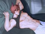  1boy abs animal_ears black_male_underwear black_shirt clothes_lift earrings from_side highres indoors jewelry league_of_legends lying male_focus male_underwear max_(qlxqlx) muscular muscular_male on_back open_pants pants pectorals red_hair scar sett_(league_of_legends) shirt shirt_lift short_hair solo underwear white_pants 