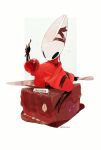  1girl artist_name ben-day_dots black_eyes brown_ribbon cake cherry chocolate_cake cloak commentary english_text food fruit full_body highres hightguy holding holding_food holding_fruit holding_knife hollow_knight hollow_knight:_silksong hornet_(hollow_knight) horns knife needle_(hollow_knight) red_cloak ribbon screentones sitting_on_food solo sparkle weapon_on_floor white_background 