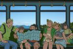  3boys 3girls alternate_costume amber389 backpack bag black_hair blonde_hair blue_dress blue_sky chilchuck_tims closed_eyes commentary contemporary day dress dungeon_meshi falin_touden falin_touden_(tallman) feet_out_of_frame green_hoodie green_jacket green_shirt group_picture head_on_another's_shoulder holding holding_map hood hoodie izutsumi jacket laios_touden map marcille_donato multiple_boys multiple_girls photo_background pointy_ears senshi_(dungeon_meshi) shirt short_hair sitting sky smile train_interior untranslatable_commentary 