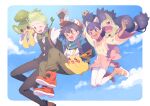  1girl 2boys :d ;d ash_ketchum axew baseball_cap black_gloves black_hair black_vest blue_shirt blue_sky blush border brown_shoes buttons cilan_(pokemon) collared_shirt commentary_request dark-skinned_female dark_skin day double-parted_bangs fingerless_gloves full_body gloves green_eyes green_hair green_pants hair_between_eyes hat holding_hands interlocked_fingers iris_(pokemon) leggings long_hair long_sleeves looking_at_viewer midair multiple_boys one_eye_closed open_mouth outdoors outside_border pansage pants pikachu pink_shoes pink_skirt pokemon pokemon_(creature) pokemon_bw purple_eyes red_eyes red_hat red_shoes serizawa_serizane shirt shoes short_hair short_sleeves skirt sky smile twitter_username vest white_border white_leggings white_shirt wide_sleeves yellow_shirt 