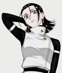  1girl ai-generated black_hair blue_eyes earrings forehead highres jewelry jujutsu_kaisen looking_at_viewer okkotsu_yuuka solo white_background wizy14th 