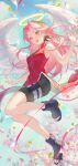  1girl angel_wings bare_arms bare_shoulders black_shoes black_shorts breasts cherry_blossoms commentary_request dress falling_feathers feathered_wings feathers full_body green_eyes green_hairband hairband halo haruno_sakura highres long_hair medium_breasts midair naruto_(classic) naruto_(series) open-toe_shoes open_mouth pelvic_curtain pink_hair pink_ribbon red_dress ribbon shoes shorts sleeveless sleeveless_dress smile solo traditional_halo white_wings wings yoyin 