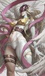  1girl aleriia_v angel angel_wings angewomon asymmetrical_clothes bare_shoulders belt blonde_hair breasts cleavage clothing_cutout covered_eyes digimon digimon_(creature) digimon_adventure feathered_wings gloves helmet helmet_over_eyes highres large_breasts long_hair multiple_wings navel o-ring o-ring_belt signature smile solo stomach_cutout thigh_strap white_background winged_gloves winged_helmet wings wrist_wings 