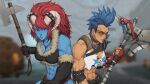  2girls abs absurdres armor axe back-to-back barbarian bare_shoulders battle_axe black_choker black_gloves black_nails black_pants black_tank_top blue_hair blurry blurry_background braid breasts breikka chest_harness choker cleavage collarbone commentary cowboy_shot crossover crystal_necklace demon_girl demon_horns earrings elbow_gloves elbow_pads energy_axe english_commentary face_piercing facial_tattoo female_orc fingerless_gloves forehead_piercing fur-trimmed_crop_top fur-trimmed_gloves fur_trim game_screenshot_background gloves grey_horns harness hedon_bloodrite highres holding holding_axe horns jewelry junker_queen_(overwatch) large_breasts lip_piercing lip_ring long_hair looking_to_the_side midriff mohawk multiple_girls multiple_scars muscular muscular_female navel nose orc outdoors overwatch pants parted_lips pelvic_curtain piercing red_eyes red_gloves red_hair scar scar_on_cheek scar_on_face scar_on_stomach screenshot_background second-party_source shoulder_armor side_braids sidelocks spiked_armor spiked_gloves spiked_horns spikes studded_choker tank_top tattoo teeth torn_clothes torn_tank_top v-shaped_eyebrows weapon white_tank_top zan_(hedon) 
