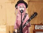  1girl acidman amplifier blue_eyes bocchi_the_rock! electric_guitar fedora gibson_les_paul gotoh_hitori guitar hat holding holding_guitar holding_instrument instrument microphone music open_mouth orange_amps pink_hair pink_track_suit scene_reference shiroshi_(denpa_eshidan) singing solo track_suit 