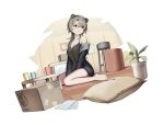  1girl absinthe_(arknights) animal_ears arknights bare_legs bare_shoulders barefoot bear_ears black_jacket box camisole cardboard_box commentary_request grey_hair highres jacket off_shoulder open_clothes open_jacket penguin_logistics_logo plant potted_plant red_eyes short_hair sitting so_ki_chi solo spaghetti_strap thighs wariza 