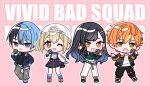  2boys 2girls :d ;d aoyagi_touya azusawa_kohane backwards_hat belt black_belt black_hair black_pants black_shirt black_shoes black_skirt black_sleeves blonde_hair blonde_streaks blue_hair blue_jacket blue_socks blush_stickers botausaa brown_eyes chibi chibi_only collared_shirt commentary_request detached_sleeves dot_nose double-parted_bangs drawstring earrings full_body gradient_hair green_shirt grey_eyes grey_jacket grey_pants hair_between_eyes hair_ornament hairclip hand_on_own_hip hat highres holding holding_microphone hood hood_down hoodie jacket jewelry long_hair long_sleeves looking_at_viewer microphone multicolored_hair multiple_boys multiple_girls necklace one_eye_closed open_clothes open_jacket open_mouth orange_eyes orange_hair outline pants parallel_hairclips pink_background pink_belt pink_shoes project_sekai shinonome_akito shiraishi_an shirt shoes short_hair short_twintails sidelocks simple_background skirt sleeveless sleeveless_shirt smile sneakers socks solo split-color_hair standing star_(symbol) star_hair_ornament streaked_hair suspender_skirt suspenders twintails two-tone_hair vivid_bad_squad_(project_sekai) white_hat white_hoodie white_outline white_pants white_shirt white_shoes 