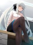  1girl black_bow black_dress black_skirt blue_eyes blue_lips blue_trim blush bow braid breasts chuppa_(katotsuba) collared_shirt commentary_request dress dress_shirt fate/grand_order fate_(series) from_below grey_hair hair_bow half_up_braid large_breasts long_hair long_sleeves looking_at_viewer looking_down morgan_le_fay_(chaldea_satellite_station)_(fate) morgan_le_fay_(fate) office_lady original pantyhose pencil_skirt ponytail shirt sidelocks skirt solo thighs very_long_hair white_hair white_shirt 
