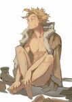 1boy abs artist_name barefoot blonde_hair boku_no_hero_academia bottomless closed_mouth collarbone commentary_request completely_nude crossed_legs earrings english_text expressionless facial_hair forehead full_body fur_trim goatee half-closed_eyes hawks_(boku_no_hero_academia) jewelry kadeart looking_afar male_focus nude on_shoulder pants pants_removed pointy_nose scar scar_on_face shadow shirt_removed shoes shoes_removed simple_background sitting solo spiked_hair stubble thick_eyebrows toned toned_male white_background 
