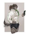  1boy animal_ears animal_nose bara border brown_background brown_hair catoblepas_(housamo) commentary furry furry_male gao_(gao_53937056) hand_on_hip highres holding holding_phone horns jacket long_hair looking_at_object looking_at_phone male_focus muscular muscular_male open_mouth outside_border phone ponytail shorts solo tail thick_eyebrows thick_thighs thighs tied_hair towel towel_around_neck white_border white_jacket 