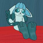  1:1 3_toes :3 anthro arm_across_belly blue_body blue_eyes blue_fur ears_down eeveelution facing_forward feet foot_fetish foot_focus fur generation_4_pokemon glaceon hi_res male nintendo pivoted_ears pokemon pokemon_(species) simple_background sitting ticklebunny toes 